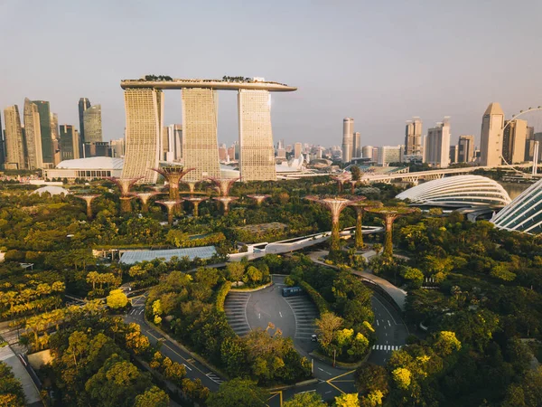 Singapore Gardens Öböl Ellen Egész Városkép Napkeltekor Légi Panoráma — Stock Fotó