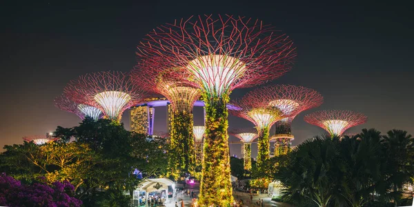 Gece vakti Supertree Korusu 'nun yanındaki bahçelerin panoramik manzarası. Aşağıdan yukarıya, Singapur' a ışık gösterisi..