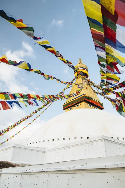 Bajo Ángulo Boudanath Stupa Contra Cielo Azul Del Atardecer Katmandú — Foto de Stock