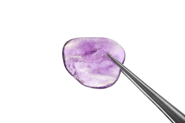 Amethyst Jewel Stone Texture Tweezers White Light Isolated Background Macro — Stock Photo, Image