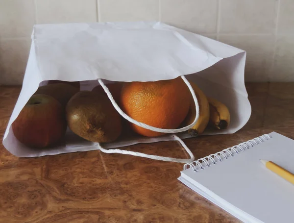 Kitchen Paper Bag Fruits Notebook Pencil Shopping Concept — Stock Photo, Image