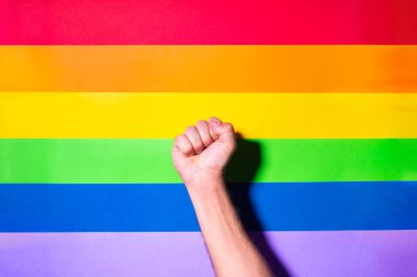 Igbt bayrağı geçmişi olan bir el yumruğu. Lgbt gurur kavramı.