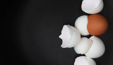 Siyah arkaplanda beyaz ve kahverengi yumurta kabuğu