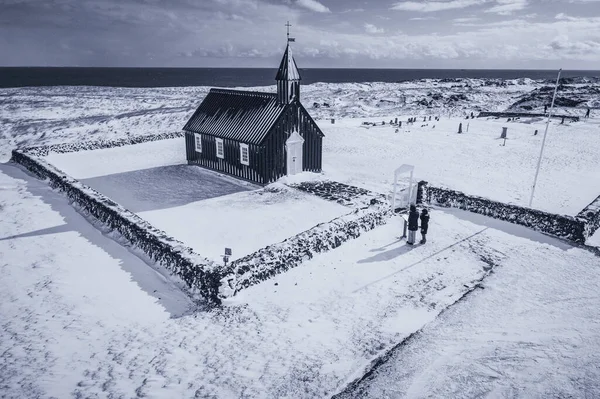 Église Budir Noire Enneigée Vue Aérienne — Photo