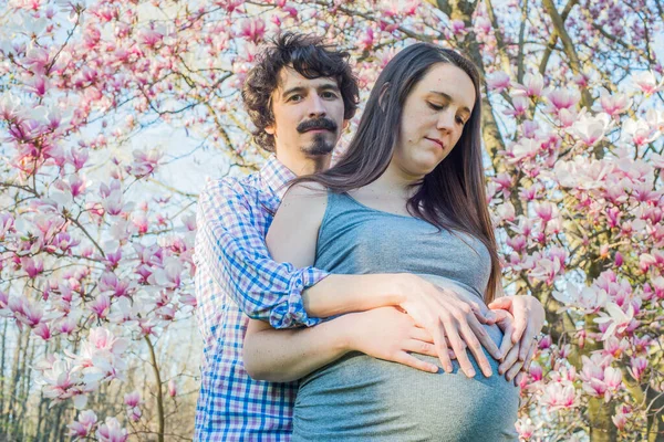 Zwangerschap Portret Het Park Tijdens Kersenbloesems — Stockfoto