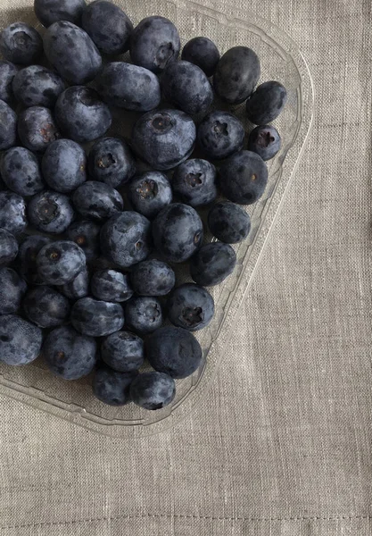 Transparent Container Fresh Blueberries Linen Tablecloth — Stock Photo, Image