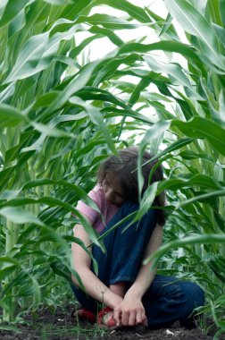young girl hiding in the cornfield