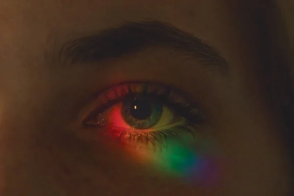 Close Blue Eye Darkness Illuminated Rainbow — Photo