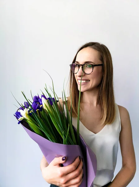 Young Long Haired Woman White Blouse Glasses Irises — Stockfoto