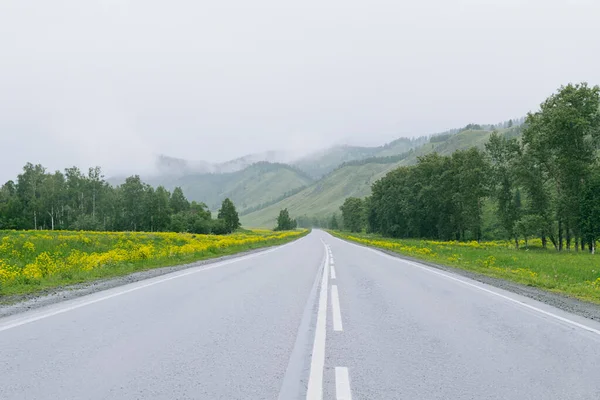 アルタイ共和国 シベリア ロシアの霧の山道 道路の旅の概念 — ストック写真