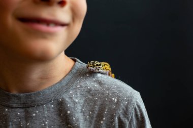 Leopar kertenkelesi gülümseyen çocuğun omzunda oturuyor