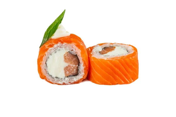 Japonês Sushi Rolos Filadélfia Branco Fundo — Fotografia de Stock