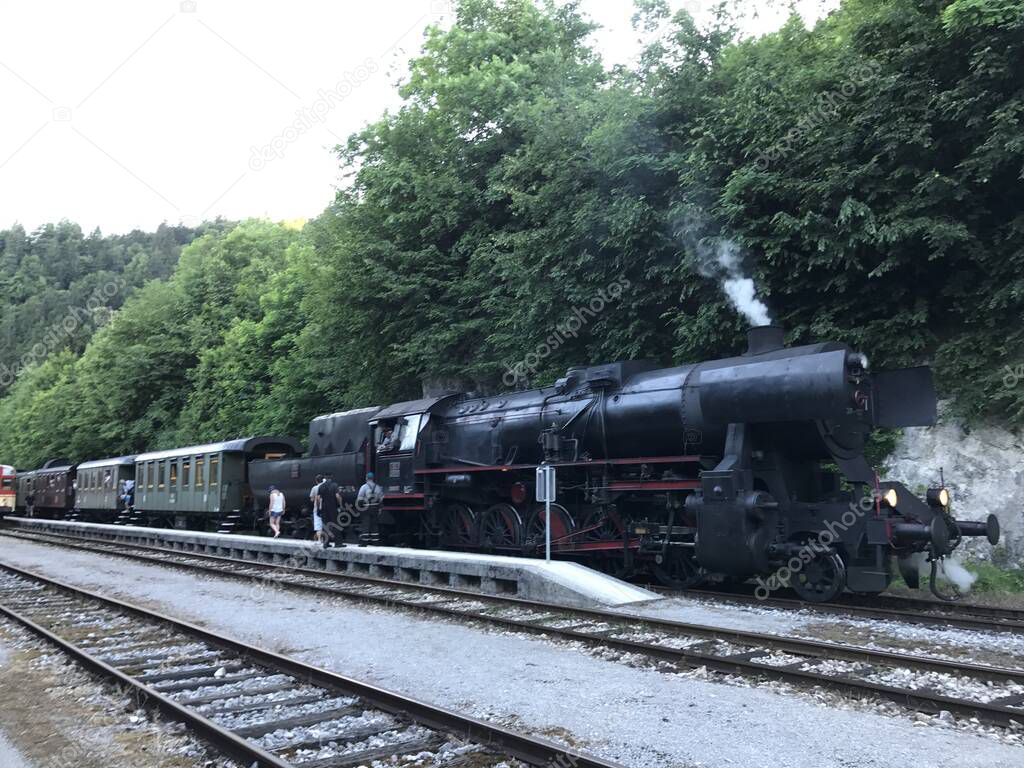 Preserved steam train,Ancient locomotive in Slovenia near Bled Lake
