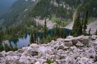 Pct boyunca ağaçlar ve granit kayalarla çevrili Alp Gölü.