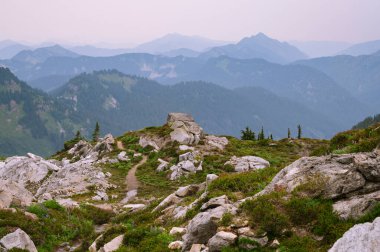Kuzey şelalelerinde dumanlı bir alp manzarasında gezinen patika.