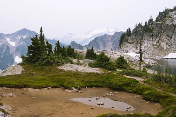 Alpské Jezero Obklopené Stromy Žulovou Skálou Podél Okrsku — Stock fotografie