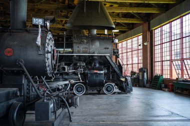 Pencereye bakan buhar lokomotifleri yan yana