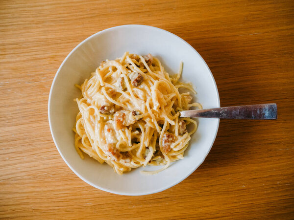 Looking Down on a Warm Bowl of Pasta Carbonara