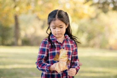 Sonbaharda yaprak tutan küçük kız