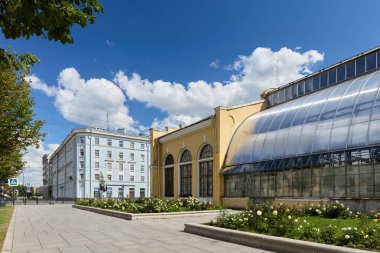 Şehirde güneşli bir günde sera ve mimari