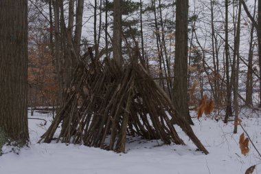 Sopalardan yapılmış ahşap bir yapıya sahip kış sahnesi