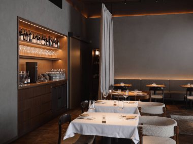 Modern restoran iç mimarisi, sanatsal dekor ve rahat ortam.