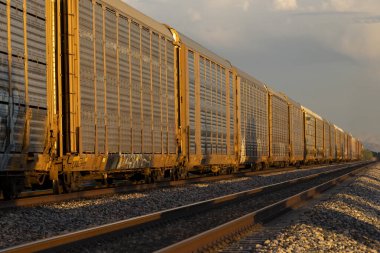 Gün batımında uzun bir sıra demiryolu otomobil taşıyıcısı