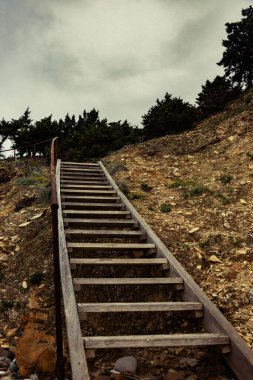 Tepedeki tahta merdivenler dikey manzara