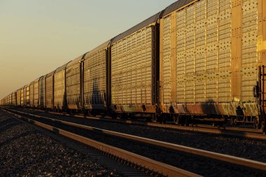 Gün batımında uzun bir sıra demiryolu otomobil taşıyıcısı