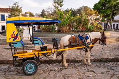 Tarihi sömürge kasabasına bakın. Halk meydanı at arabası.