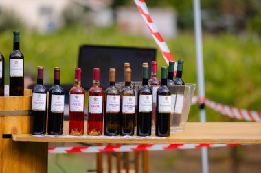 Sırbistan 'da düzenlenen şarap ve koşu festivalinde şarap şişeleri sunuldu