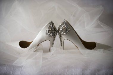 Kristal Adorated White Wedding Heels on Soft Tulle