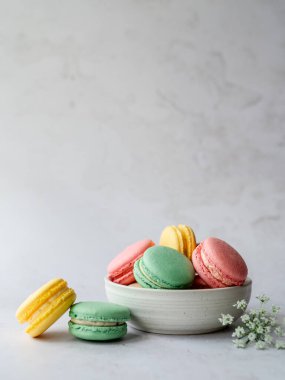 Beyaz arkaplanda çeşitli renkli makaronlar var..