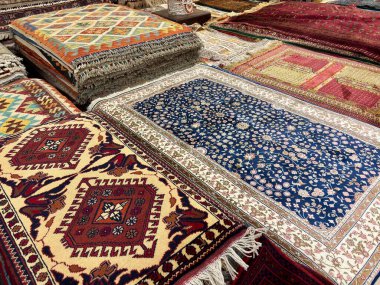 Mavi çiçekli ve geometrik Orta Asya halıları sergileniyor.