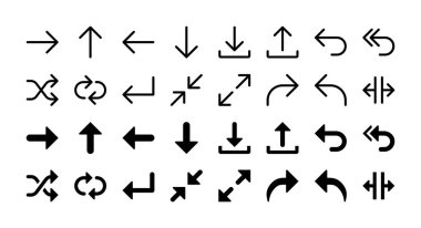 Basit Ok Vektörü Glyph kümesi ve Satır Simgeleri sağ, yukarı, sol, aşağı, indirme, yükleme, geri, cevap, karıştırma, giriş, küçültme, genişletme, bölünme