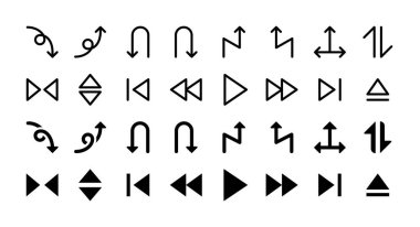 Basit Ok Vektörü Glyph kümesi ve Satır Simgeleri aşağı eğri, yukarı, u dönüşü, zig zag, üç kat, takas, sıkıştırma, önceki, geri sarma, çalma, ileri, sonraki, fırlat