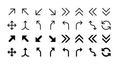 Simple Set of Arrows Vector Glyph and Line Icons including diagonal, double right, up, left, down, drag, merge, left curve, turn left clipart