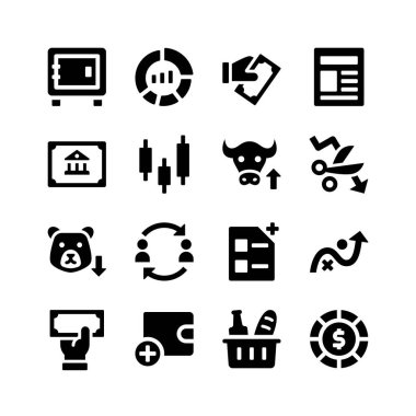 Menkul Kıymetler Borsası İlgili Vektör Sembolleri Basit Kümesi. Mevduat olarak Simgeler, Pasta Çizelgesi, Ödeme, Gazete, Boğa Pazarı ve daha fazlasını İçerir.