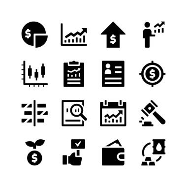 Menkul Kıymetler Borsası İlgili Vektör Sembolleri Basit Kümesi. Bölünme, Çizelge, Ekonomik Büyüme, İşadamı, Rapor ve daha fazlasını içeren Simgeler.