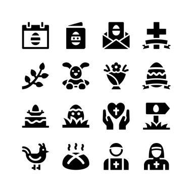 Paskalyayla İlgili Basit Vektör Sembolleri Kümesi. Takvim Olarak Simgeleri, Tebrik Kartı, Cross, Catkins, Bunny ve daha fazlasını İçerir.