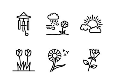 Bahar İlgili Basit Çizgi Simgeleri. Icons as Wind Chime, Cloudy Rain, Sun Cloud ve daha fazlasını içerir.