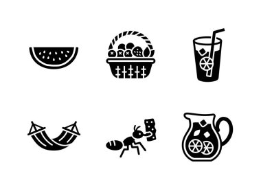 Basit Piknik İlişkili Katı Simgeler Kümesi. Icons as Karpuz, Meyve Sepeti, Limonata ve daha fazlasını içerir.