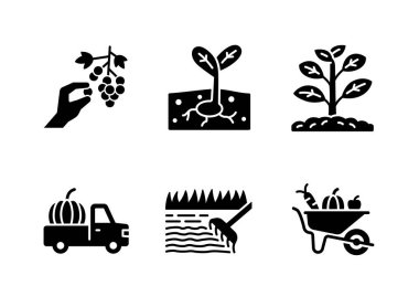 Çiftçilikle İlgili Basit Katı Simgeler. Simgeleri hasat edilen ekinler, tohumlar, filizlenen yapraklar ve daha fazlası olarak içerir.
