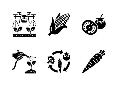 Çiftçilikle İlgili Basit Katı Simgeler. Drone Sulama, Mısır, Domates ve daha fazlası olarak Simgeleri içerir.