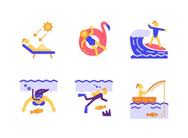 Yazla İlgili Basit Düz Renk Simgeleri. Simgeleri güneş banyosu, yüzme, şnorkelle yüzme ve daha fazlası olarak içerir.