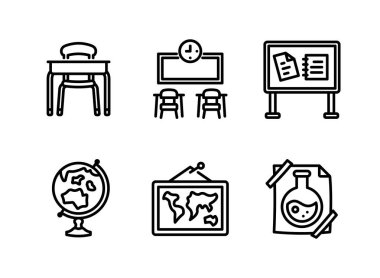 Okula Dönüş ile İlgili Basit Satır Simgeleri. Öğrenci Masası, Sınıf Odası, İlan Panosu ve daha fazlasını İçerir.