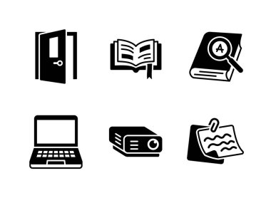 Okulla İlgili Basit Simgeler Seti. Simgeleri Sınıf Kapısı, Okuma, Sözlük ve daha fazlasını İçerir.