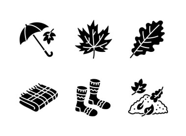 Güz İlgili Katı Simgelerin Basit Seti. Şemsiye, Akçaağaç Yaprağı, Meşe Yaprağı ve daha fazlasını içeren Simgeler.