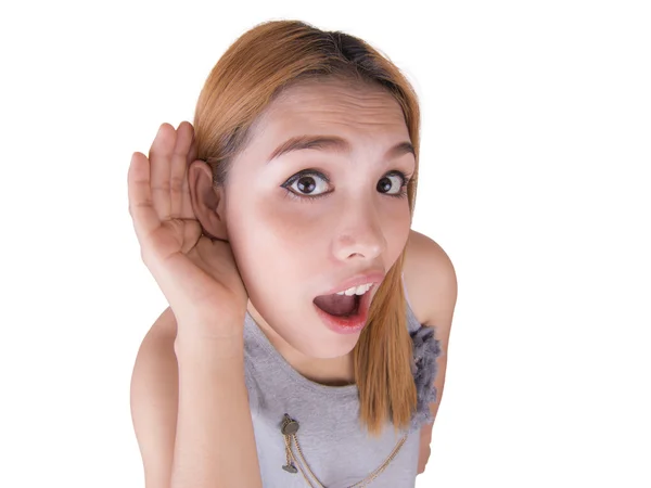 Junge Frau schröpft Hand ans Ohr — Stockfoto