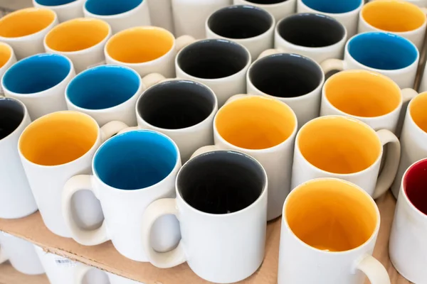 Close Colorful Ceramic Mug Shelf — Stock Photo, Image